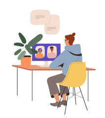 Fototapeta premium Working in office in team concept. Collaboration and cooperation. Brainstorm and discussion. Woman sitting with laptop. Cartoon flat vector illustration isolated on white background