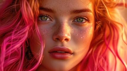 A close up of a woman with pink hair. Generative AI.