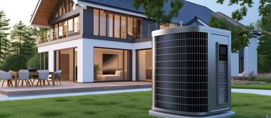 Close up an air heat pump on modern house building. AI generated image
