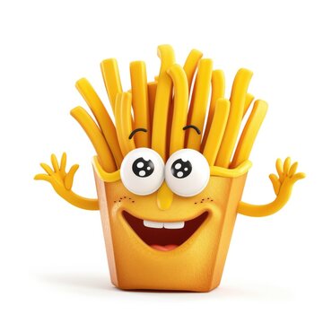 Cartoon french fries character with eyes and arms. Generative AI.