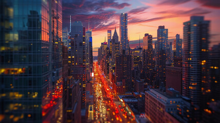 Fototapeta premium cityscape at twilight, with sharp details of skyscrapers, vibrant street lights, cars in motion, and a dramatic sunset sky, employing a dynamic urban composition and vivid colors