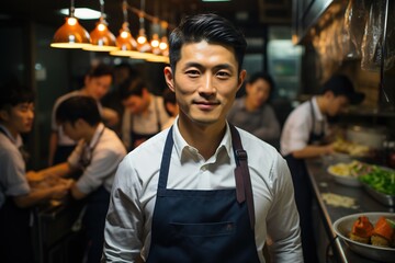 Leadership in the Kitchen: With Authority and Skill, the Asian Chef Stands Before His Team, Directing Them Towards Culinary Brilliance