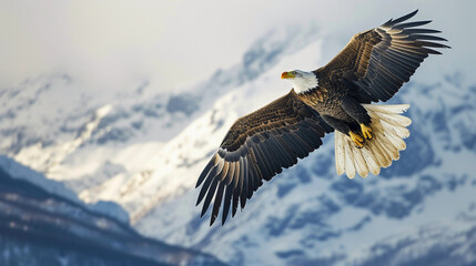 Naklejka premium majestic eagle soaring high above mountain peaks, wings spread wide, embodying the essence of freedom in the wild
