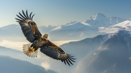 majestic eagle soaring high above mountain peaks, wings spread wide, embodying the essence of freedom in the wild
