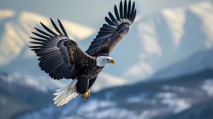 majestic eagle soaring high above mountain peaks, wings spread wide, embodying the essence of freedom in the wild