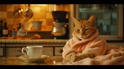 a cat dressed in a bathrobe enjoying a cup of coffee in the kitchen, radiating warmth and relaxation in a domestic setting.