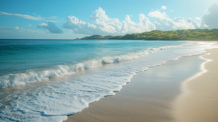 peaceful, secluded beach with gentle waves lapping at the shore, untouched and free from human interference