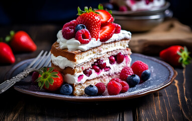 a homemade naked layered vanilla cake adorned with whipped cream and fresh berries