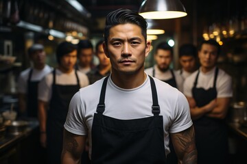 Fototapeta premium Culinary Maestro: The Asian Chef Stands Confidently Before His Team, Conducting a Symphony of Flavors and Techniques with Skill and Precision