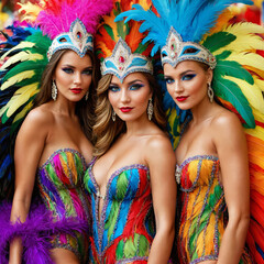 Obraz premium Vibrant Carnival Extravaganza: Captivating Portrait of a Group of Seductive Women in Colorful Sumptuous Feather Suits and Carnival Costumes - Sensual Festive Atmosphere, Exotic Beauty, Masquerade