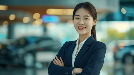 Obraz premium Asian female car salesperson smiling confidently in sports car showroom.