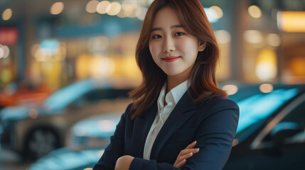 Asian female car salesperson smiling confidently in sports car showroom.