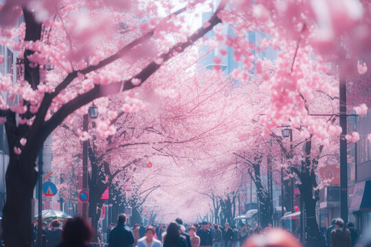 cherry blossom festival in a bustling city. The trees line the streets, their pink blossoms in full bloom © Formoney