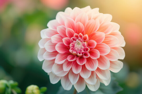 close-up of a blooming dahlia in a garden, its petals a stunning gradient of pink and white