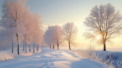 winter scene in Outlook, featuring a snow-covered landscape, bare trees with detailed frost, a soft winter sun, and a clear sky, capturing the serene and quiet essence of a winter morning