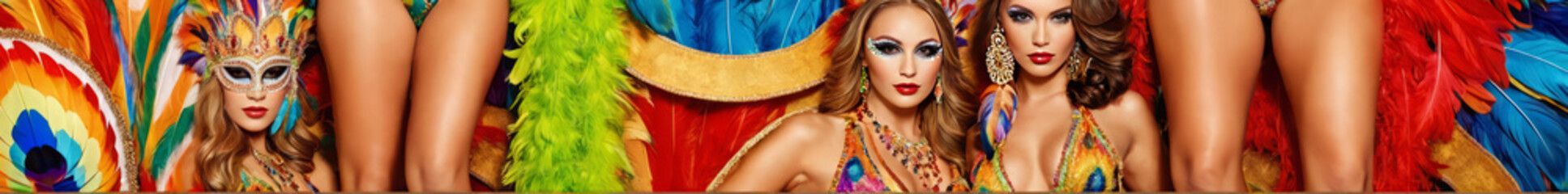 Vibrant Carnival Extravaganza: Captivating Portrait of a Group of Seductive Women in Colorful Sumptuous Feather Suits and Carnival Costumes - Sensual Festive Atmosphere,  Exotic Beauty, Masquerade