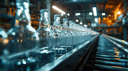 Machines are transporting glass bottles on a conveyor belt inside the factory.