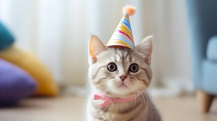 Cute kitten celebrate birthday in party hat at home. Pets birthday. Copy space.