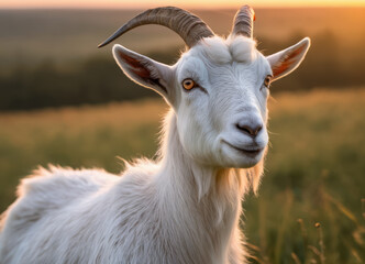 Fototapeta premium A goat stands in a field at sunset, during the golden hour.