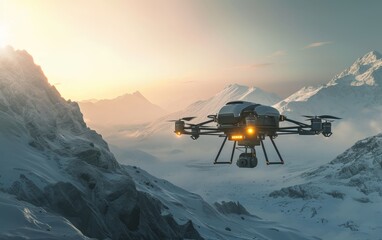 Fototapeta na wymiar Advanced rescue drone flying over a snowy mountain terrain, equipped with high-tech search tools, set against the dawn light.