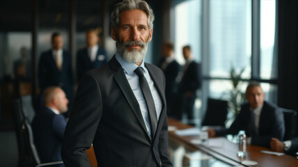 Senior Caucasian businessman standing in front of conference table with confidence in office.