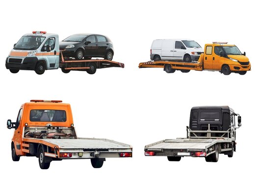 Different Types of Tow Trucks and Their Functions are isolated on a white background. Car service transportation concept. Roadside Rescue and assistance Close-up.