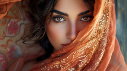 A stunning Persian woman draped in an exquisite silk scarf, her almond-shaped eyes framed by intricate kohl eyeliner, emanating an aura of timeless elegance and grace.