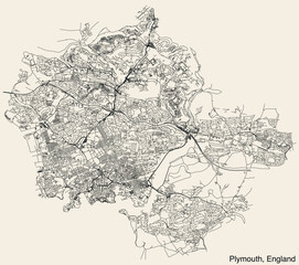 Fototapeta premium Detailed hand-drawn navigational urban street roads map of the United Kingdom city township of PLYMOUTH, ENGLAND with vivid road lines and name tag on solid background