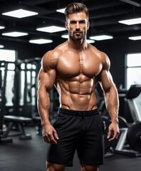 Fototapeta na wymiar photo of a handsome male athletic body gym background