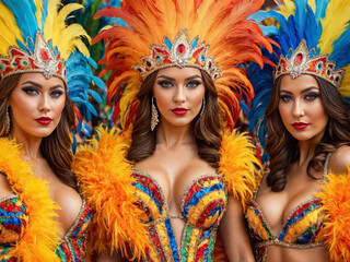 Fototapeta premium Vibrant Carnival Extravaganza: Captivating Portrait of a Group of Seductive Women in Colorful Sumptuous Feather Suits and Carnival Costumes - Sensual Festive Atmosphere, Exotic Beauty, Masquerade