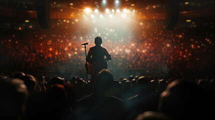 musician playing the final note in a concert, spotlight on the musician, audience in shadow,...