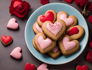 Heart shaped delicious cookies in a plate. Top view. Valentines day concept.