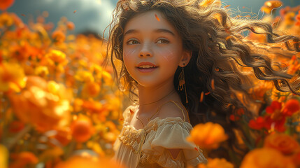 girl In The Autumn Park, Flowers 