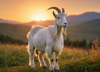 Obraz premium A goat stands in a field at sunset, during the golden hour.