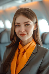 Caucasian female stewardess in uniform smiles with confidence in the interior of an airplane cabin.