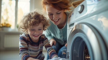 Caucasian mother and son washing clothes together in the house. - obrazy, fototapety, plakaty