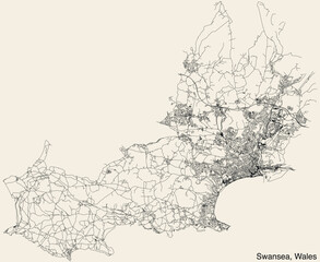 Detailed hand-drawn navigational urban street roads map of the United Kingdom city township of SWANSEA, WALES with vivid road lines and name tag on solid background