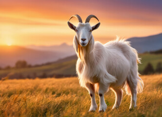 Obraz premium A goat stands in a field at sunset, during the golden hour.
