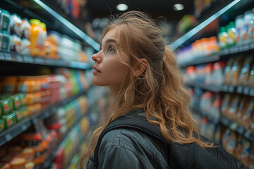 Teenager girl buying somethin at night supermart