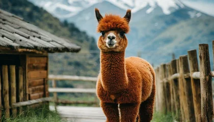 Deurstickers A cute alpaca posing, llama similar beautiful animal © dmnkandsk