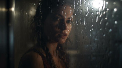 Caucasian woman standing by window while rain falls.
