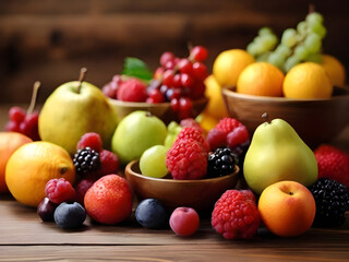 Naklejka na ściany i meble Tasty Food. Fruits on wooden table.