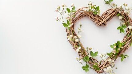a heart-shaped frame from wicker plants adorned with vibrant flowers against a clean white background, ample space for text, perfect for romantic messages, wedding announcements, or greetings.