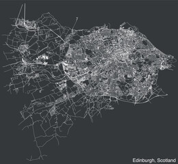 Obraz premium Detailed hand-drawn navigational urban street roads map of the United Kingdom city township of EDINBURGH, SCOTLAND with vivid road lines and name tag on solid background