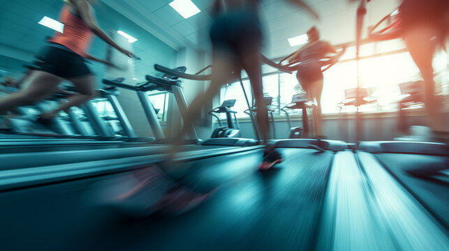 People in the gym, on treadmills. Blurred image