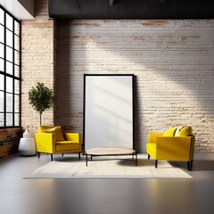 Modern interior room with brick wall in loft style concept with light and yellow colors, Frame for design, mockup frame. A sofa, a coffee table with a chair and a green plant in the room