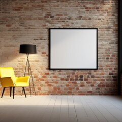 Modern interior room with brick wall in loft style concept with light and yellow colors, Frame for design, mockup frame. A sofa, a floor lamp, a coffee table with a chair and a green plant in the room