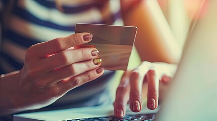 Close up of female hands holding credit card and using laptop. Online shopping concept