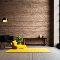 Modern interior room with brick wall in loft style concept with light and yellow colors, Frame for design, mockup frame. A sofa, a floor lamp, a coffee table with a chair and a green plant in the room