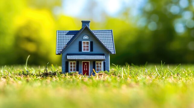 Miniature house on green grass with bokeh background, real estate concept